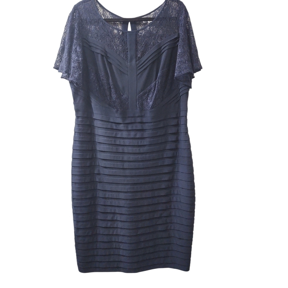 Adrianna Papell Navy Sheath Cocktail Dress with Lace Overlay Bodice - 18W